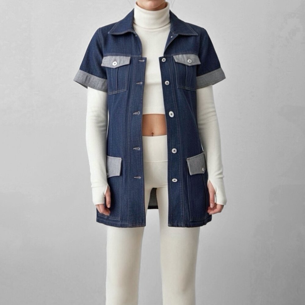 Vintage Utility Denim Jean Jacket Short Sleeve O/S Blue Navy Festival Grunge Y2K